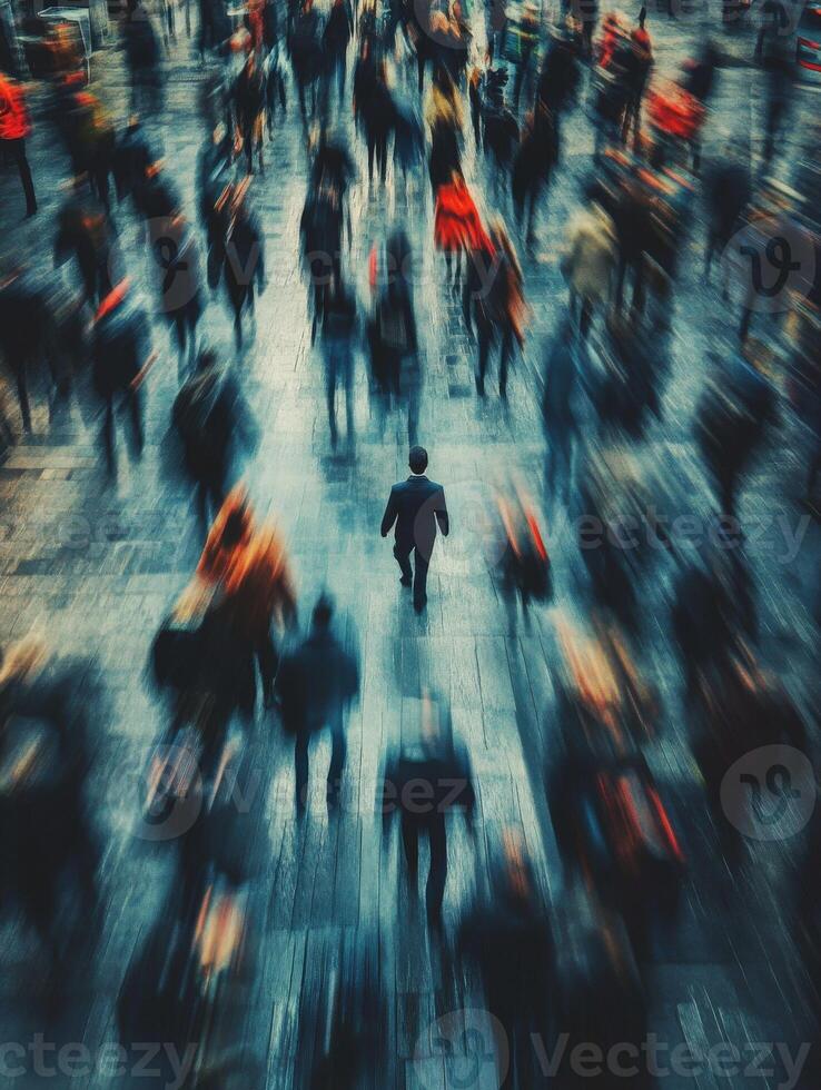 Lonely figure amidst a crowd in a bustling urban setting at dusk photo
