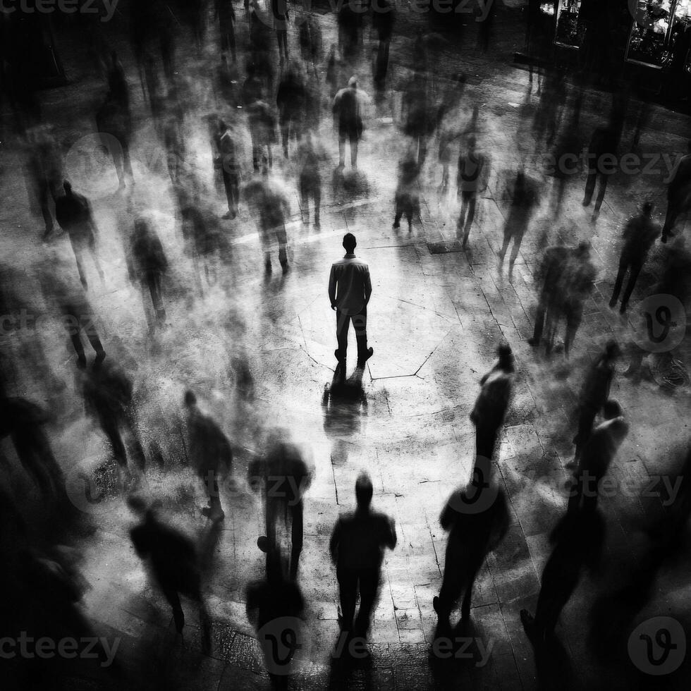 Dark atmosphere surrounds a solitary figure in a bustling crowd photo
