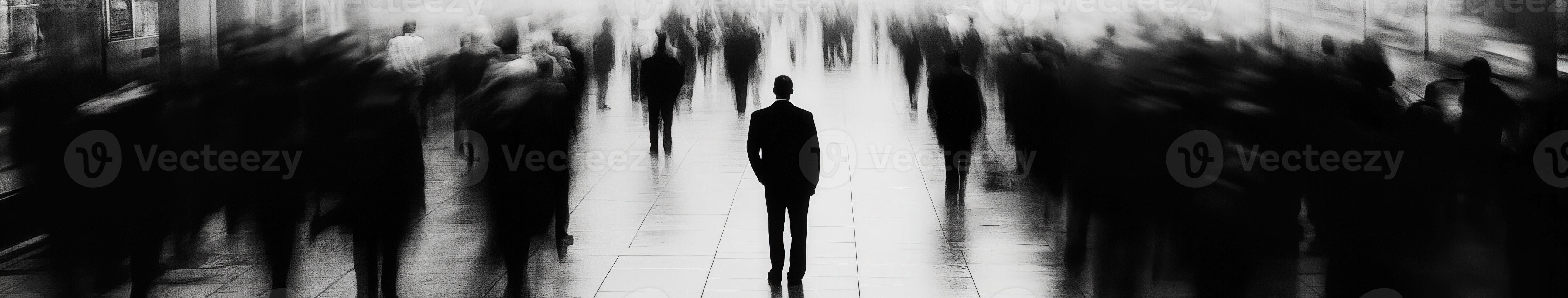 Urban solitude in the midst of bustling city life captured in noir style photo
