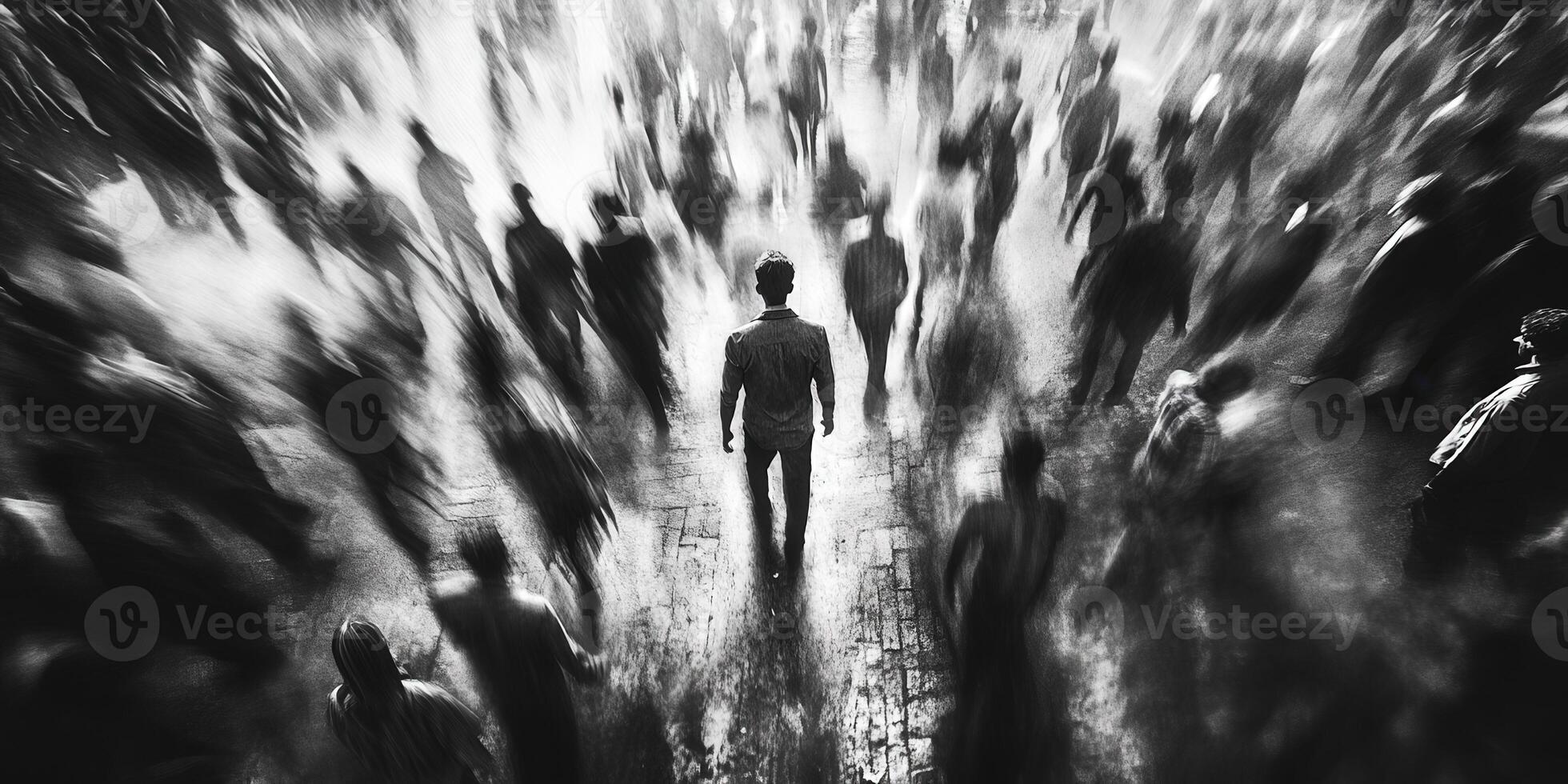 A lone figure stands amidst a bustling crowd in a city at dusk photo