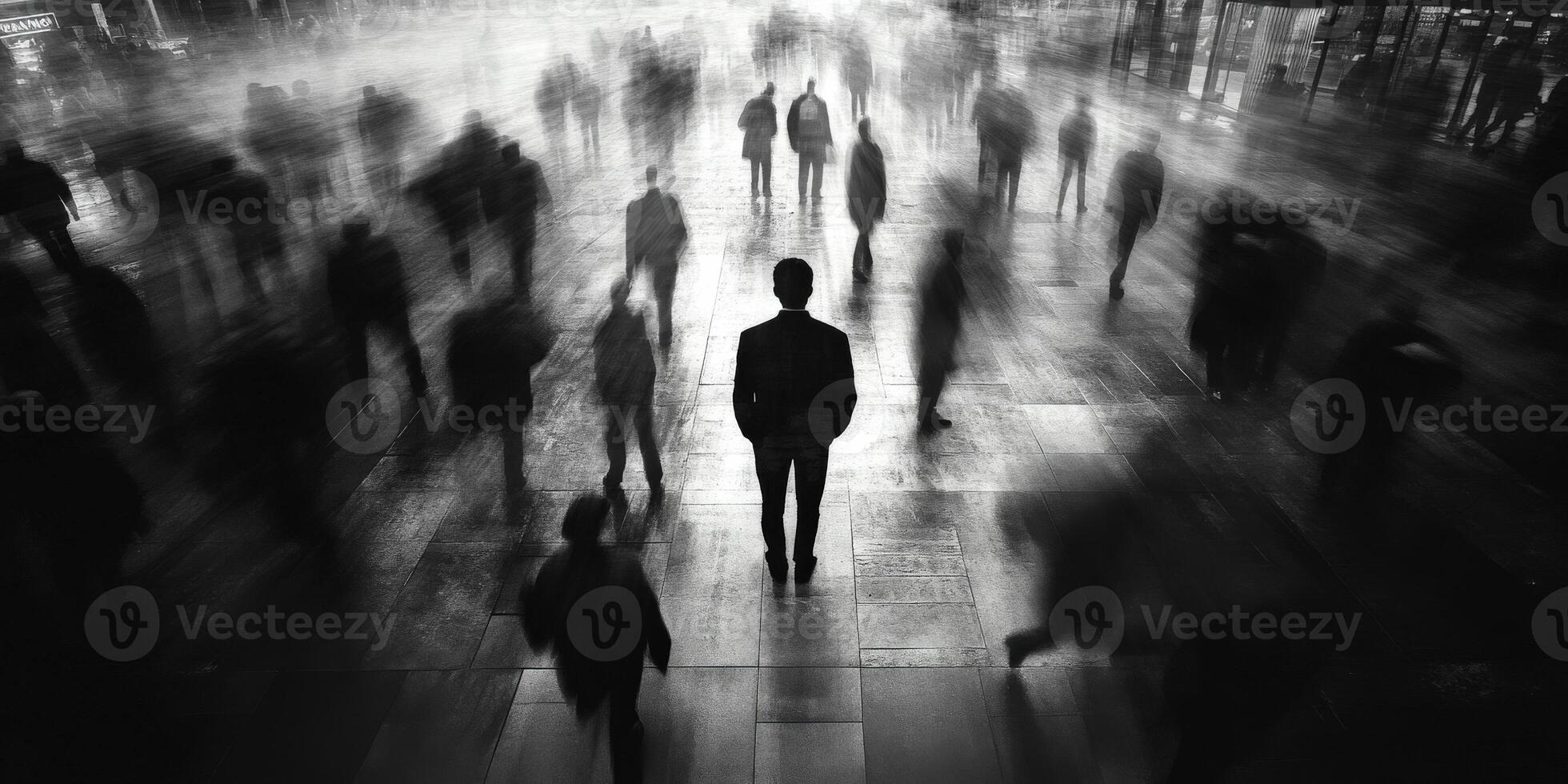 A lone figure stands out in a blurred crowd of the city photo