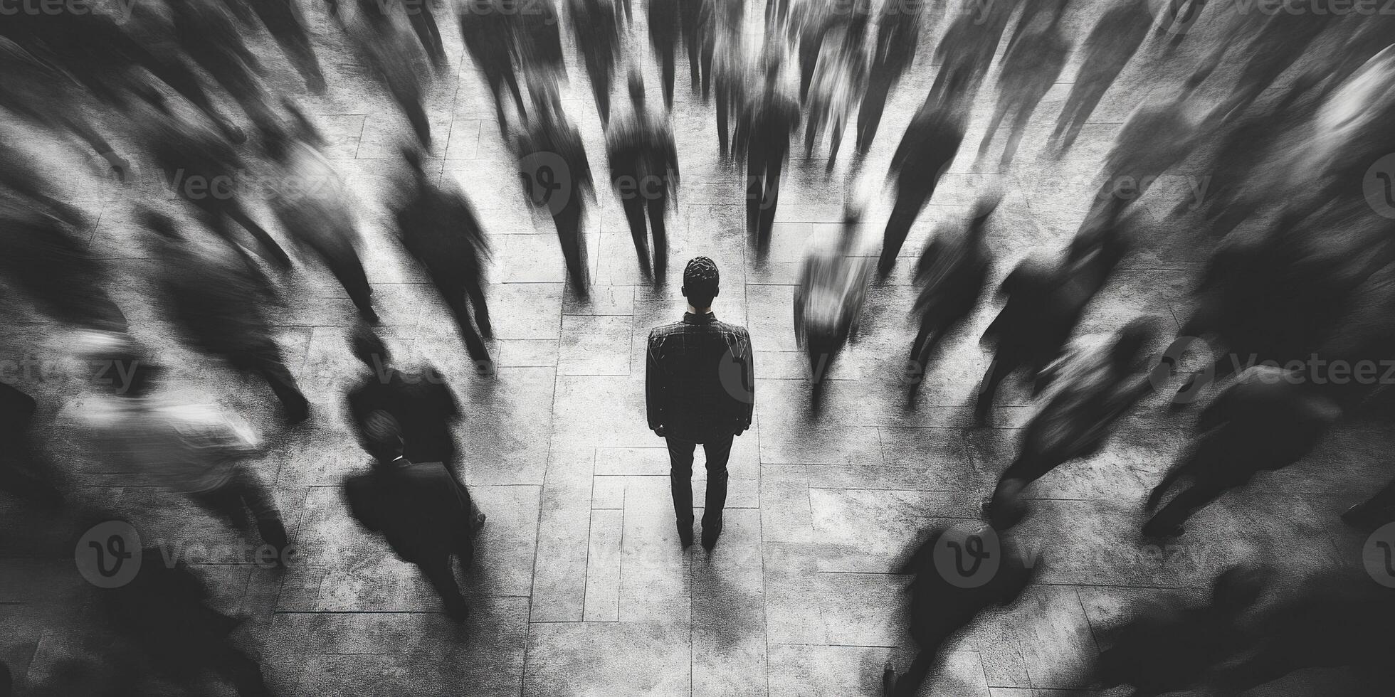 Man standing alone in a bustling crowd during an urban evening photo