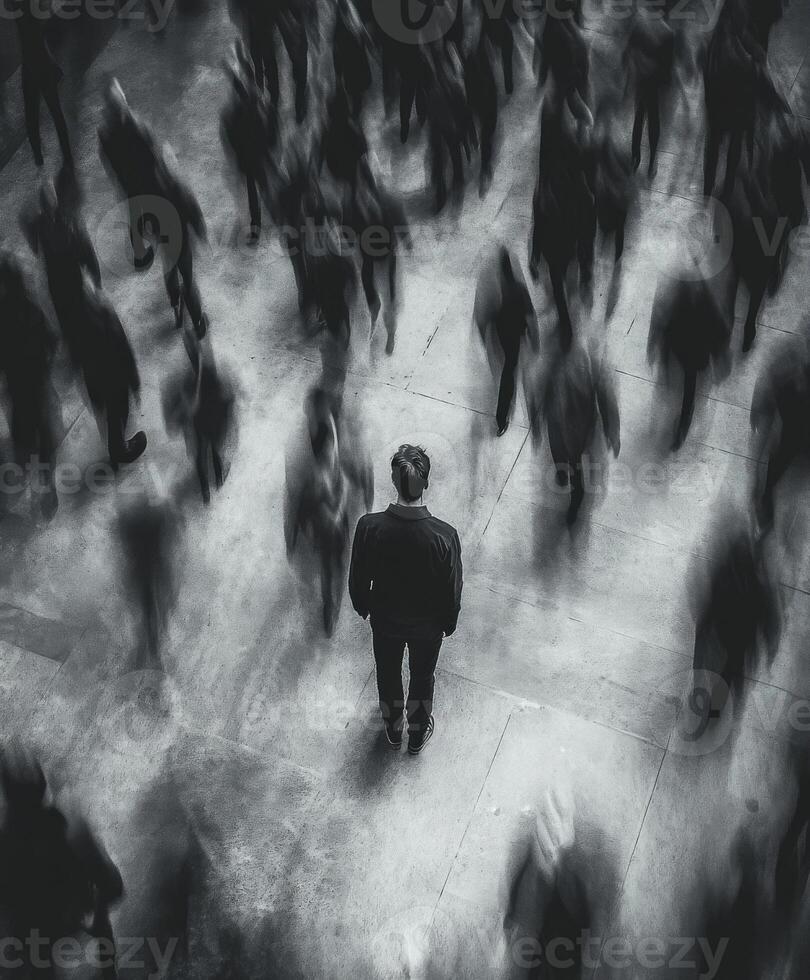 Man stands alone amidst a bustling crowd in a noir-inspired urban setting photo