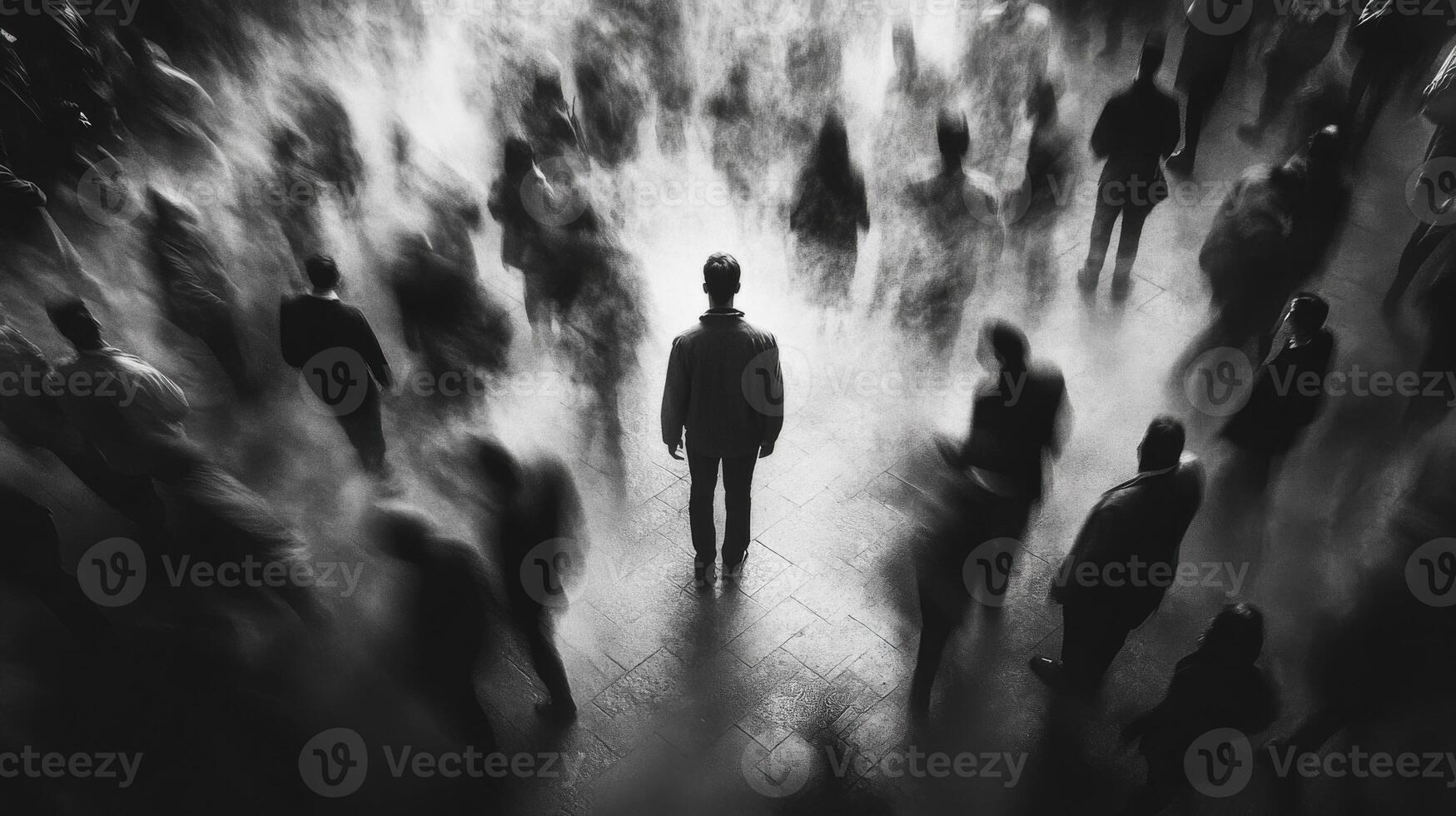 Walking through a foggy crowd at night in a noir city atmosphere photo