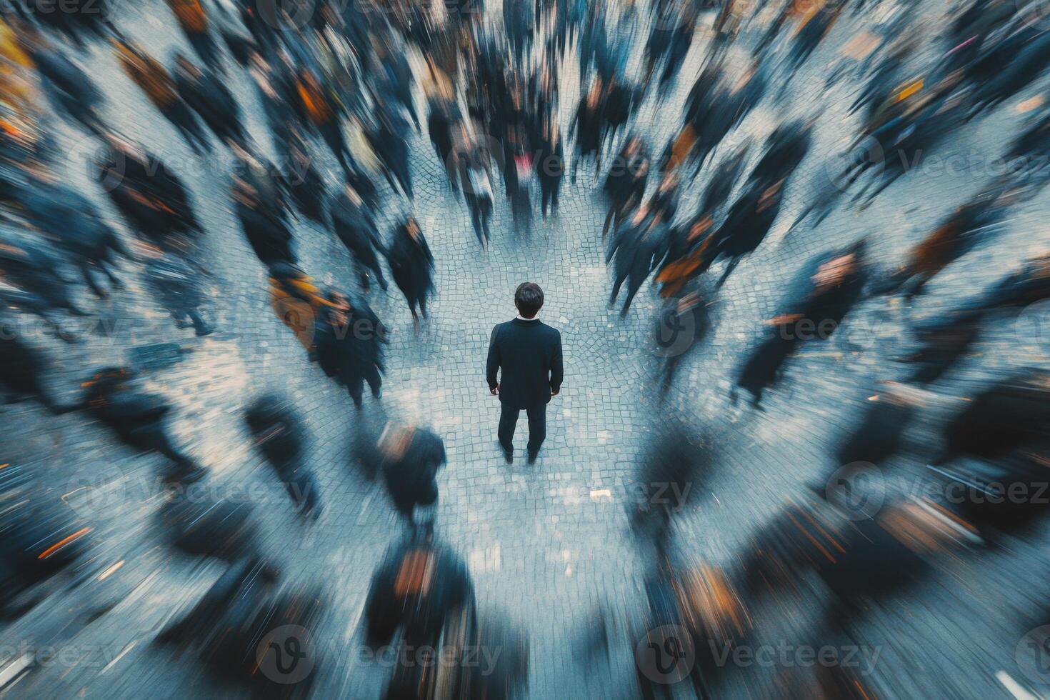 Standing alone in a crowded urban space during a bustling noir evening photo