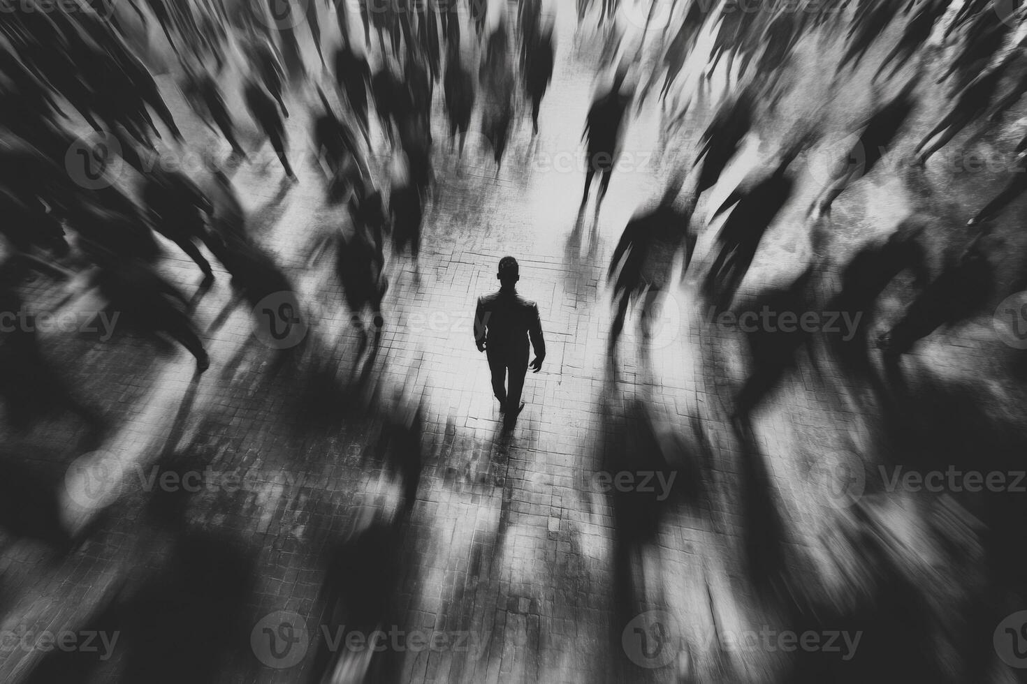 Crowd of figures in motion with a lone individual standing still photo
