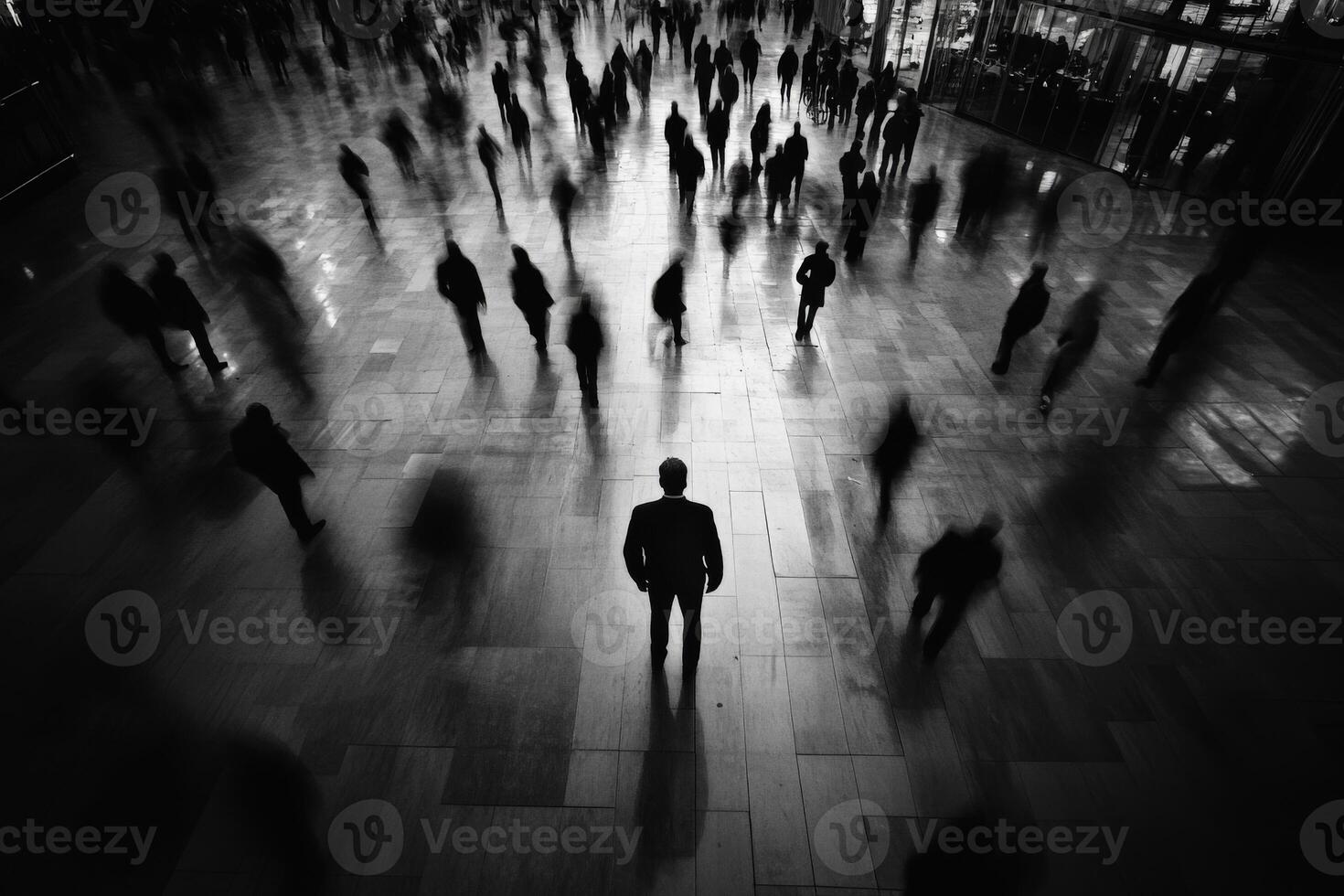 Lonely figure stands amidst blurred crowd in a bustling urban setting photo