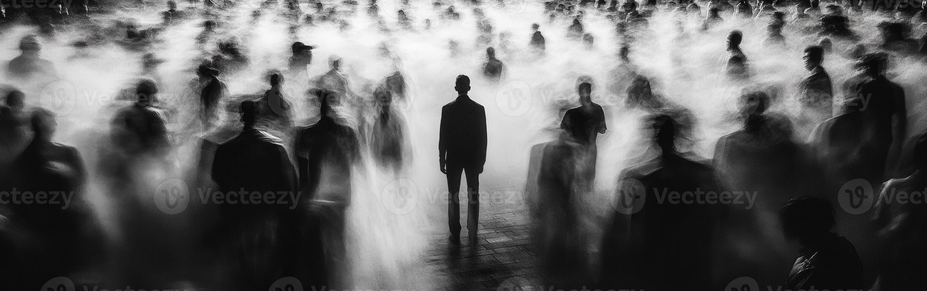 Crowd of indistinct figures in fog with a single man standing alone photo
