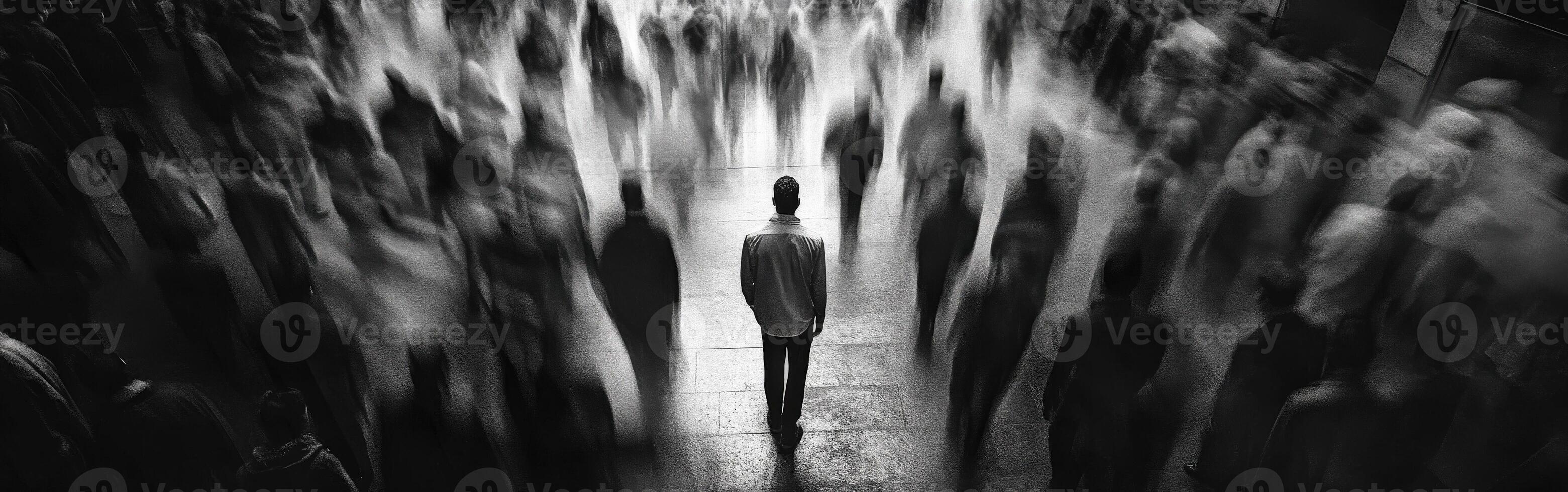 Lonely figure surrounded by a blur of moving crowds in a bustling urban space photo