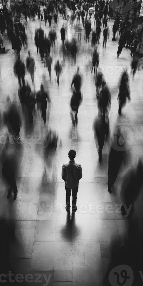 Solitary figure amidst a bustling crowd in a busy urban setting photo