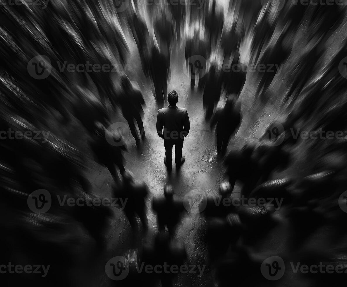 Standing alone in a crowd in black and white during a busy urban moment photo