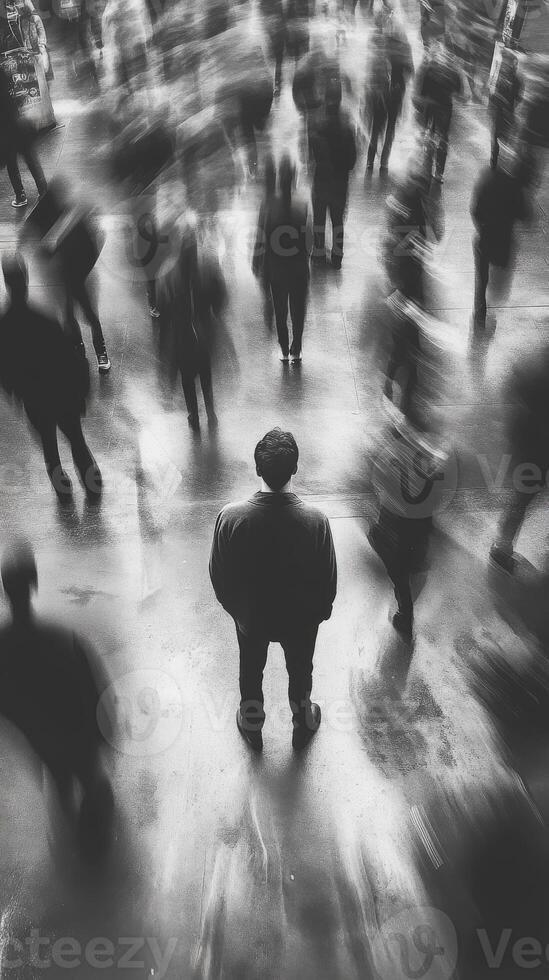 Person standing still amidst a blur of moving figures in a busy space photo