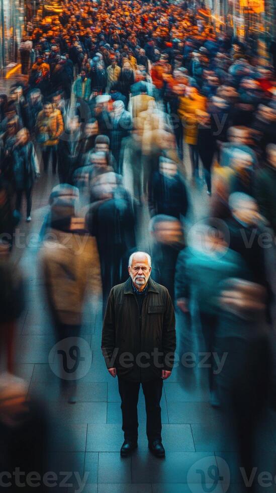 Senior man stands still amid a blurred crowd in a bustling urban environment photo