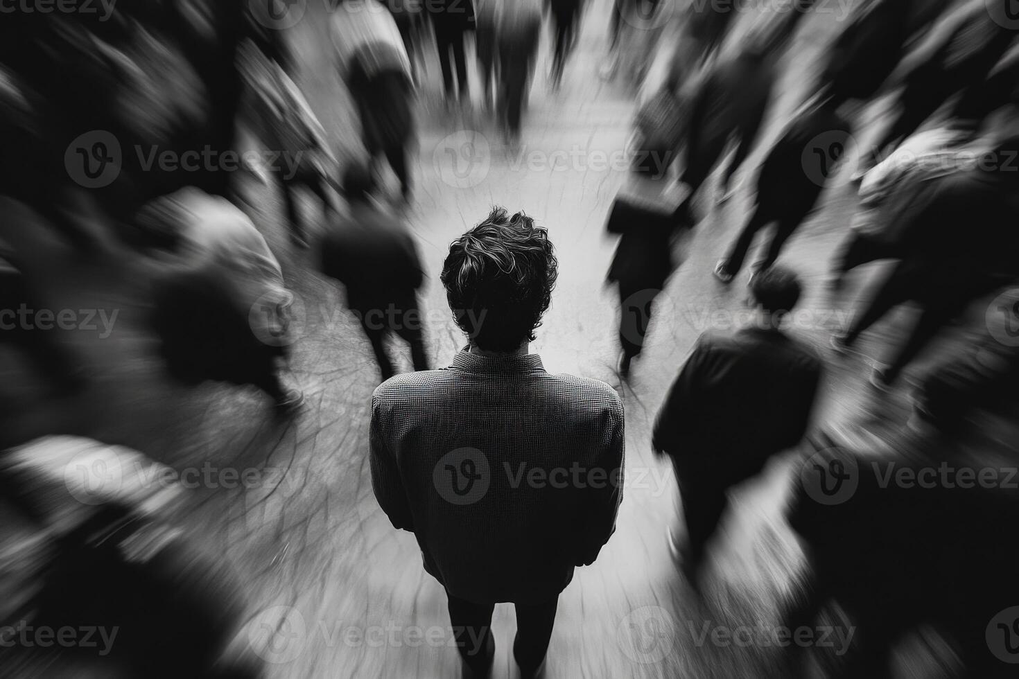 Urban solitude captured in a blurred crowd setting during the day photo