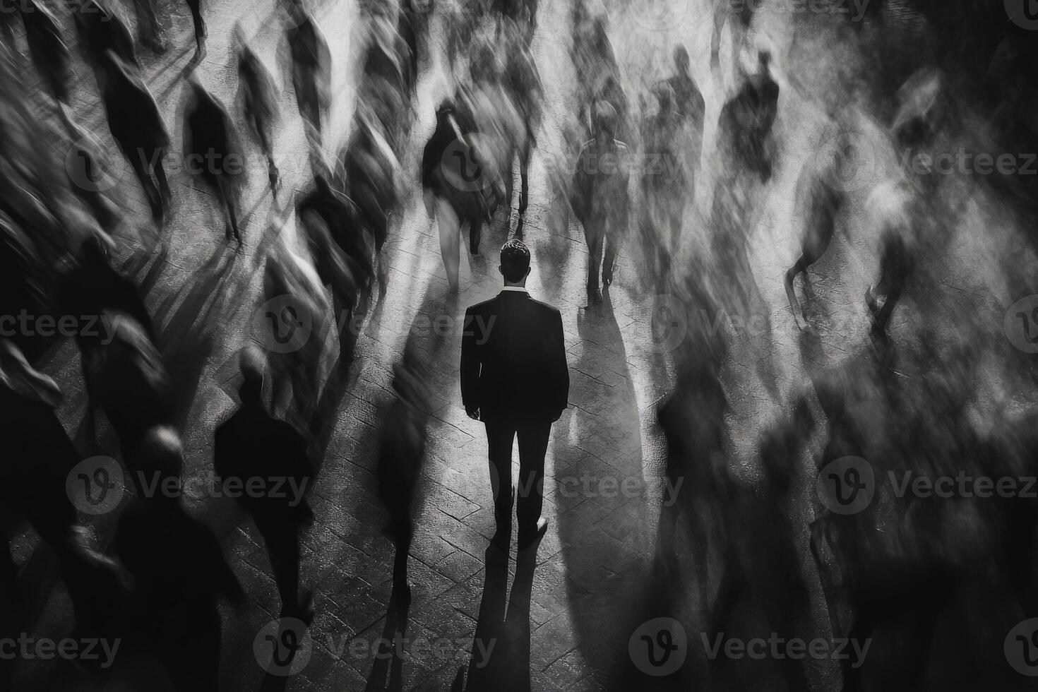 Lonely figure stands amidst a crowd in a dramatic noir setting photo