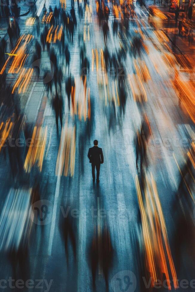 Nighttime street view of solitary figure amid bustling city movement photo