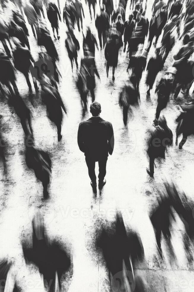 Man standing still among a blur of moving crowds in a busy urban setting photo