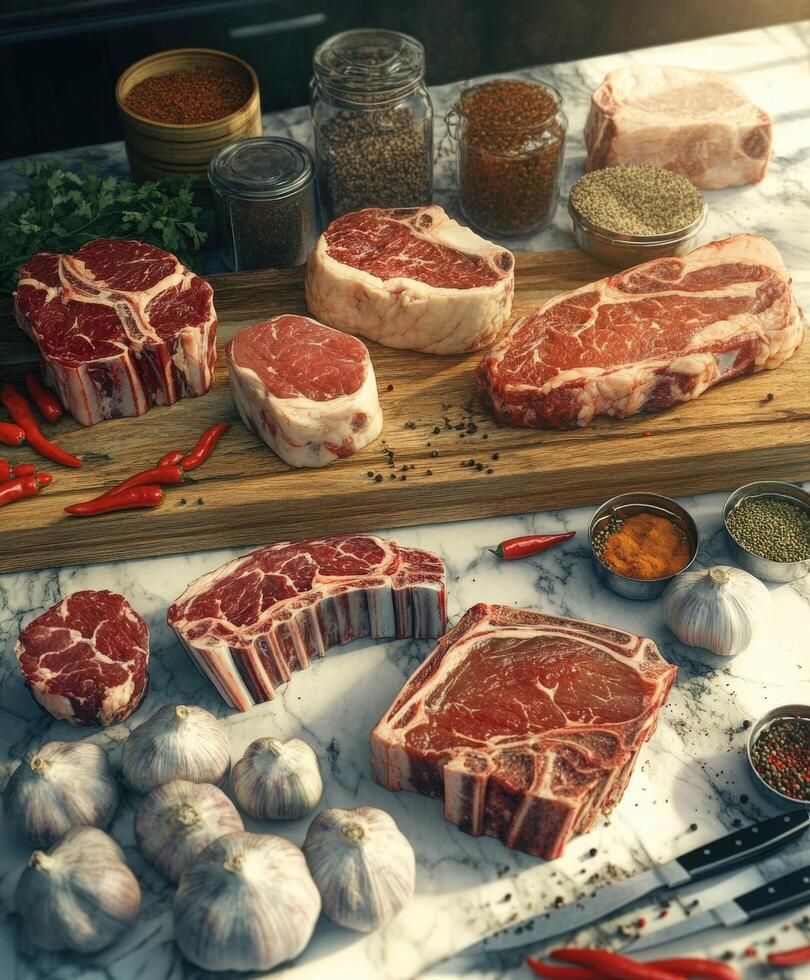 Various cuts of fresh meat displayed on a marble countertop in a kitchen photo
