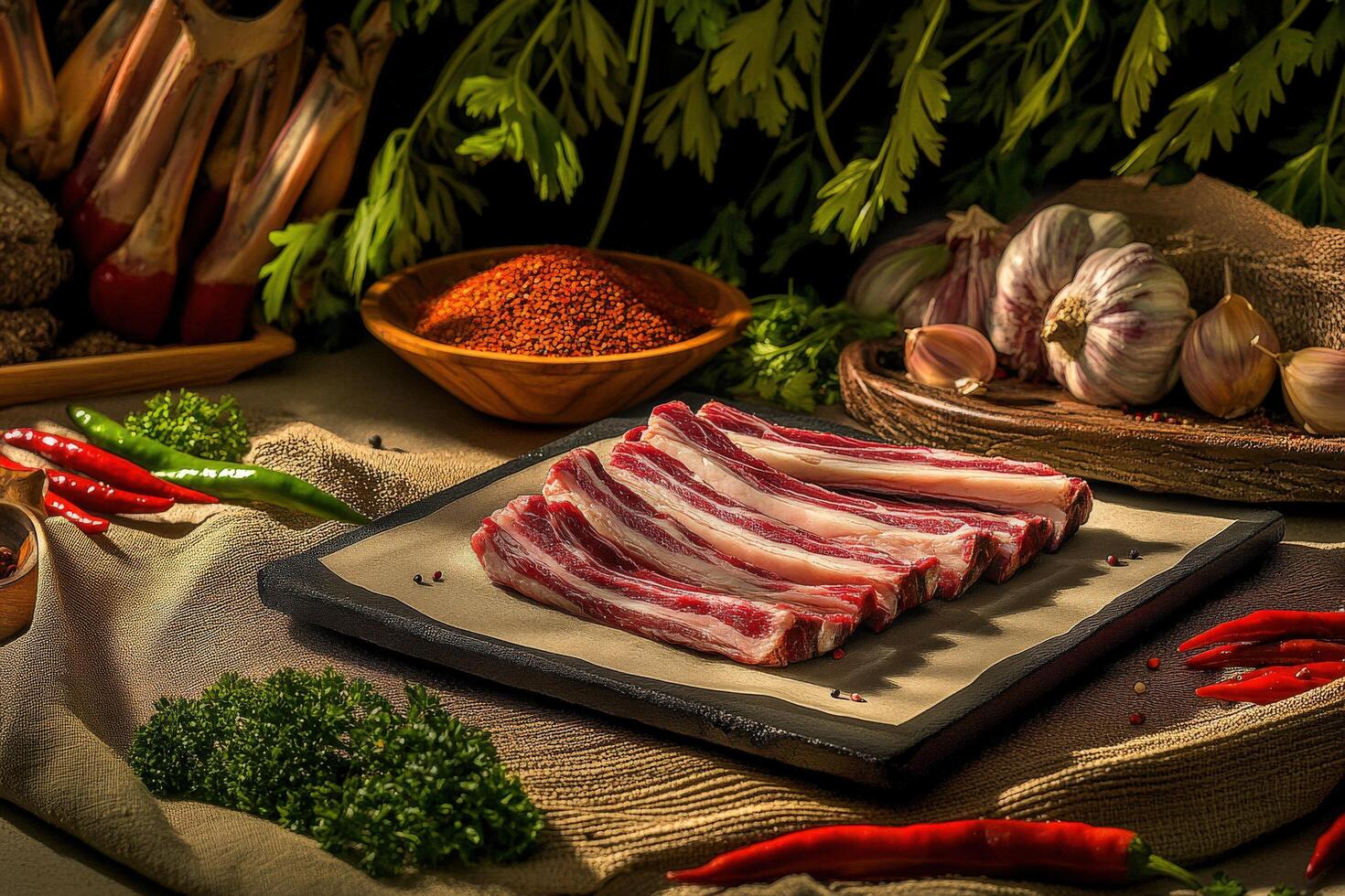 Delicious raw meat ready for grilling with herbs and spices around photo