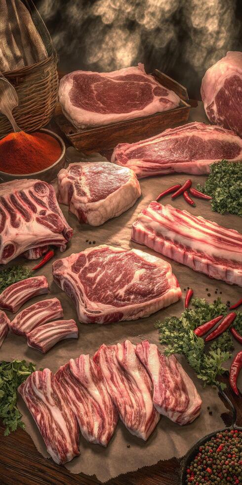Various cuts of raw meat are beautifully arranged on a wooden surface photo