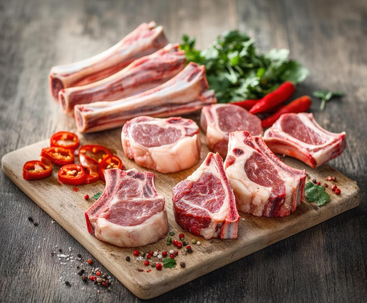 Freshly cut lamb chops and bones arranged on a wooden cutting board photo