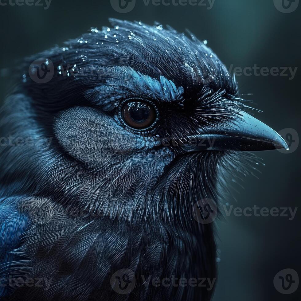 Close-up of a vibrant blue bird with intricate feather patterns and detail photo