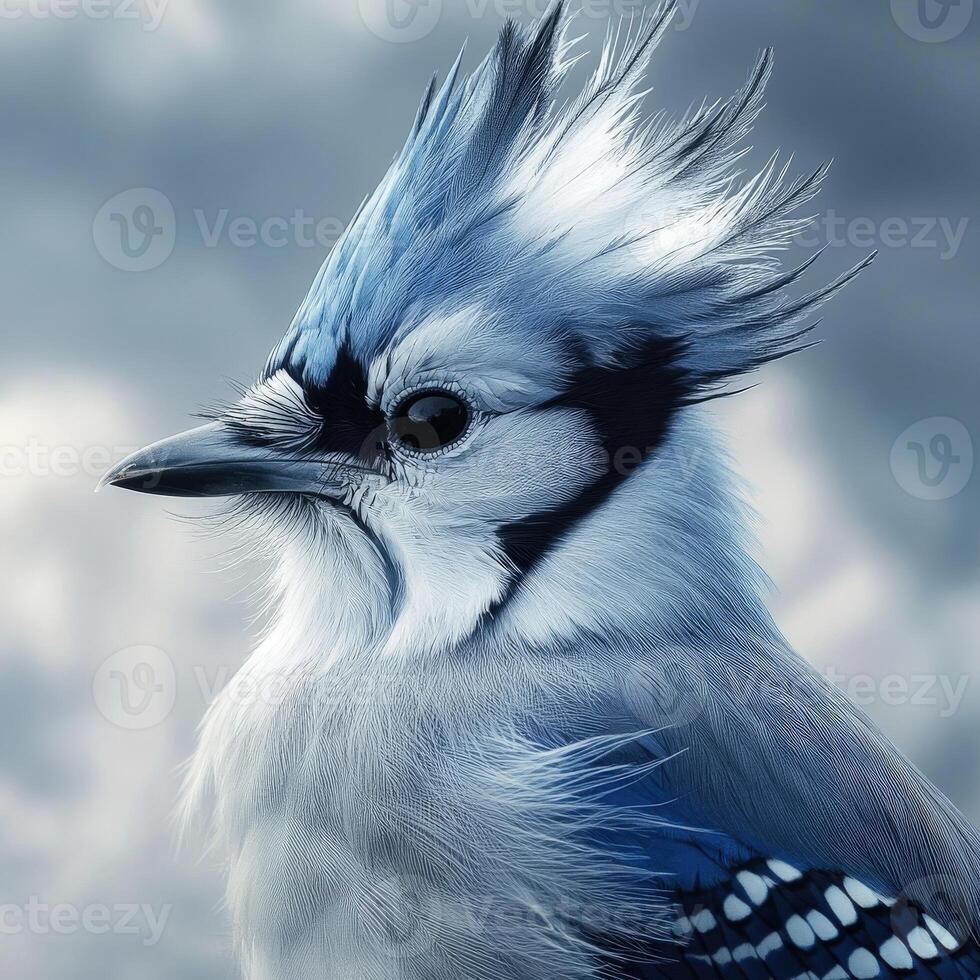 Blue jay perched against a cloudy backdrop showcasing its vibrant feathers photo