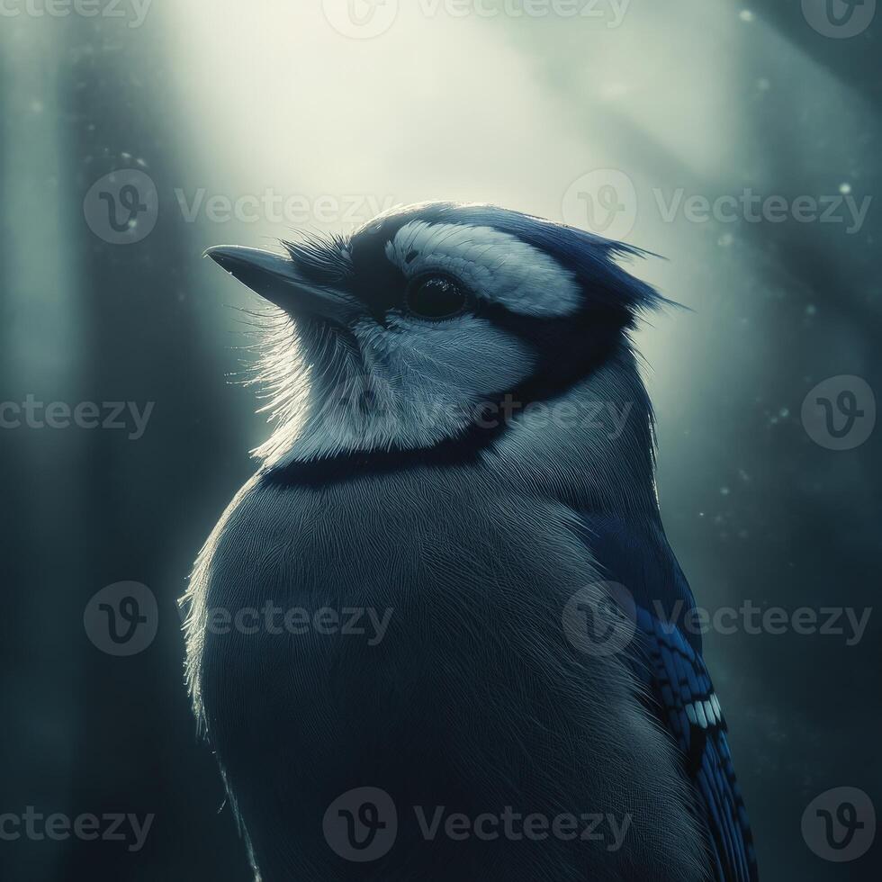 Captivating blue jay perched in soft sunlight among the trees photo