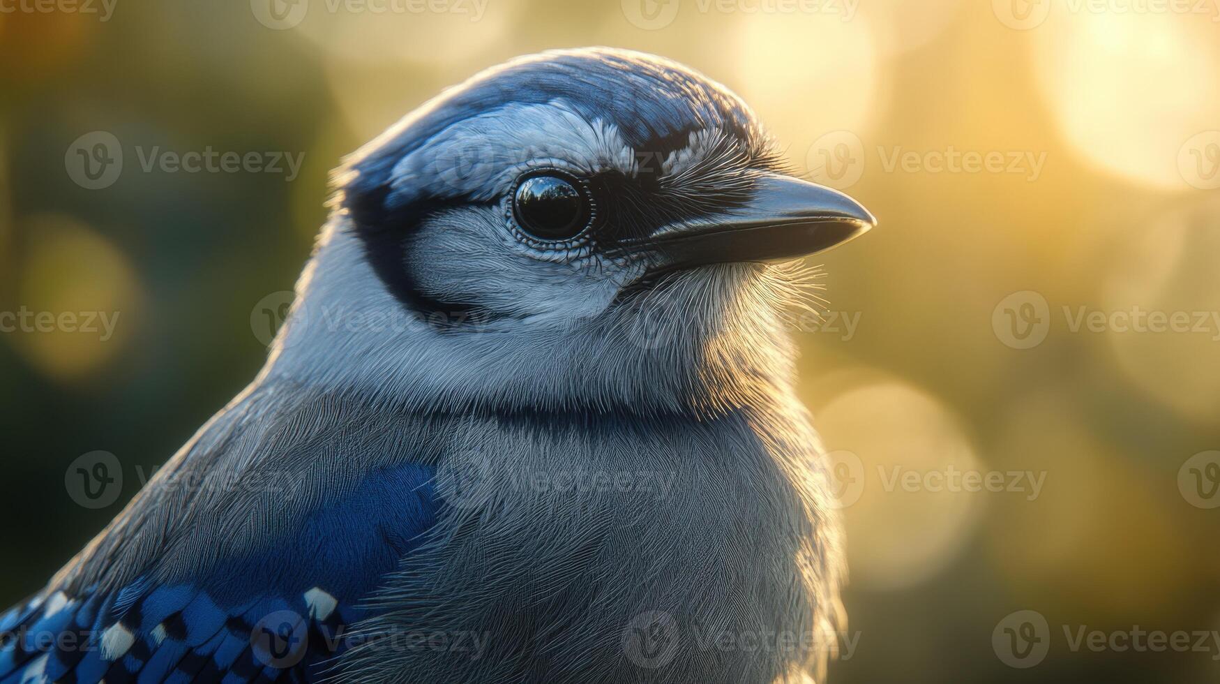 Close-up view of a blue jay bird during golden hour in natural setting photo