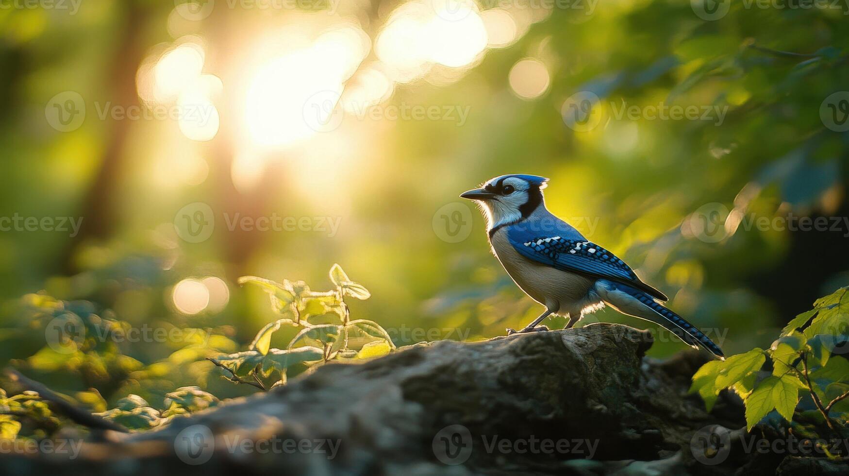 Blue jay perched on a rock with sunlight filtering through trees in nature photo