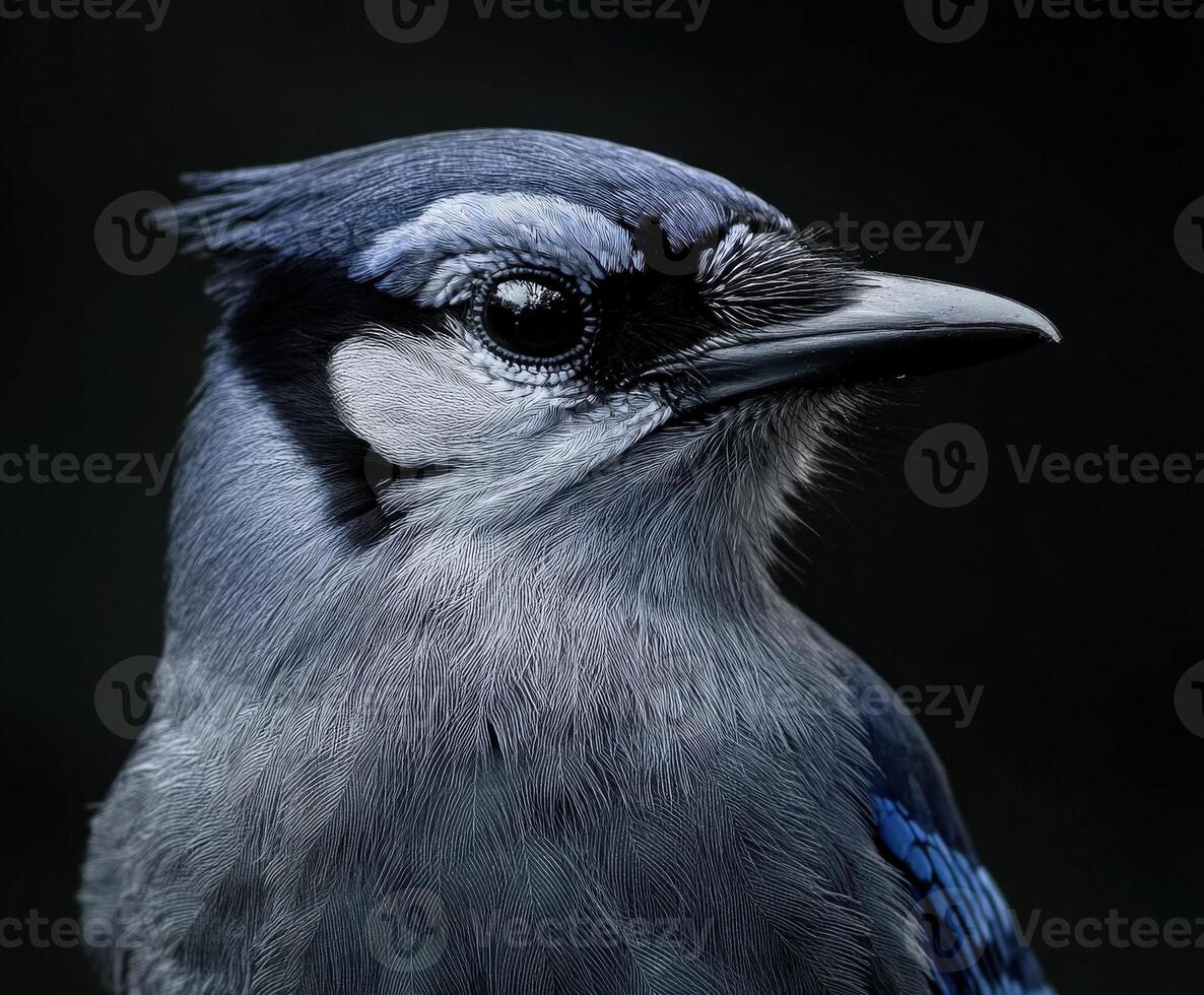 Captivating close-up of a blue jay perched against a dark backdrop photo
