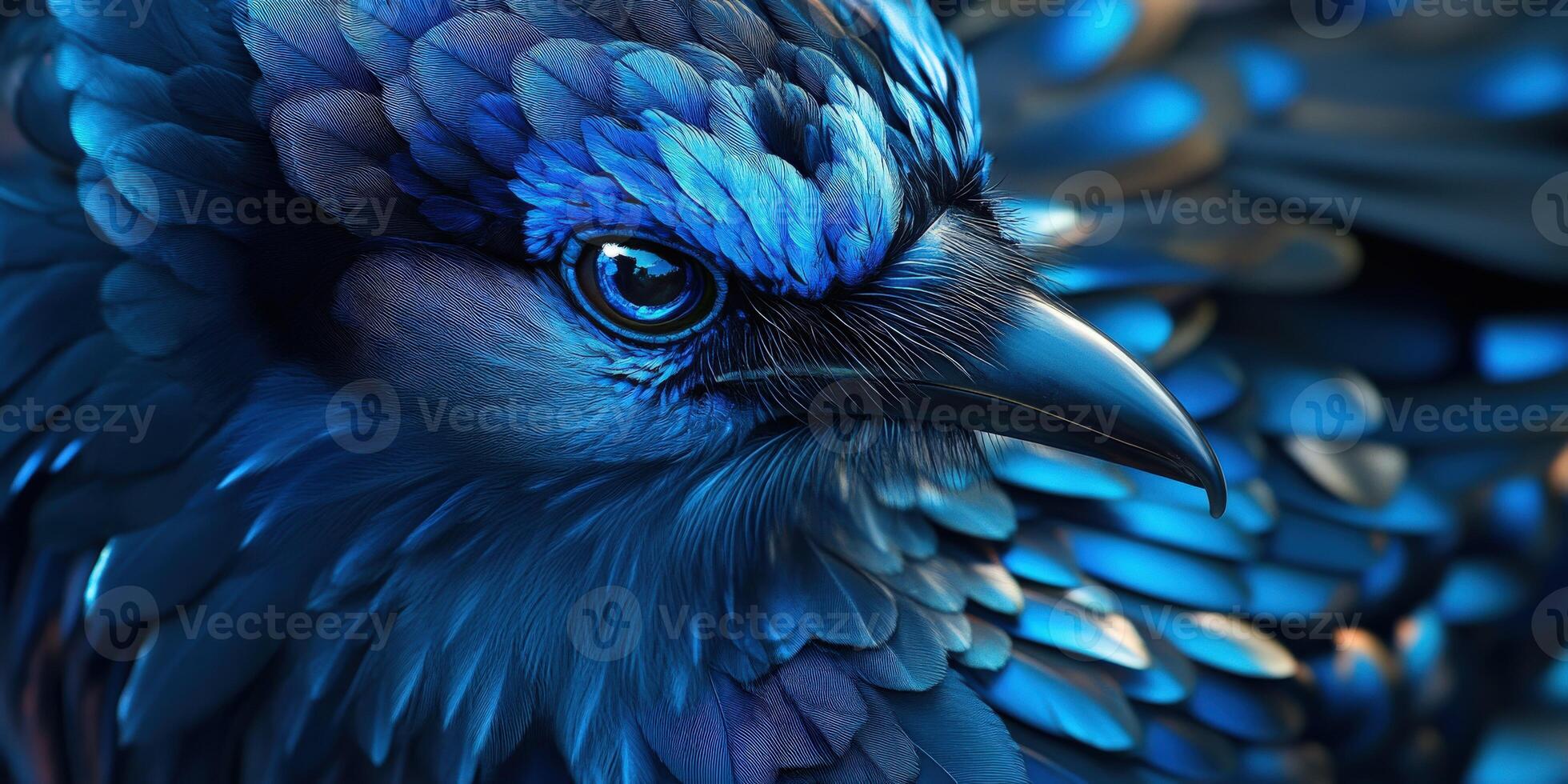 Bright blue bird with intricate feather details posing on a branch photo