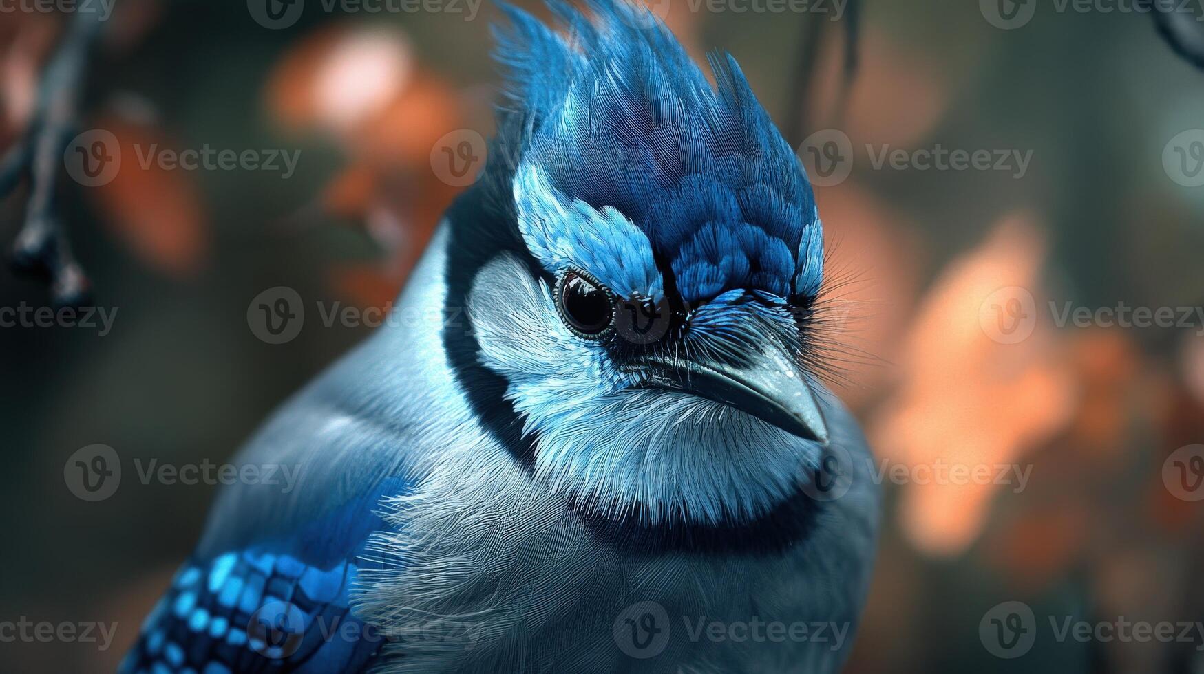 Blue jay perched on a branch against a blurred autumn background photo