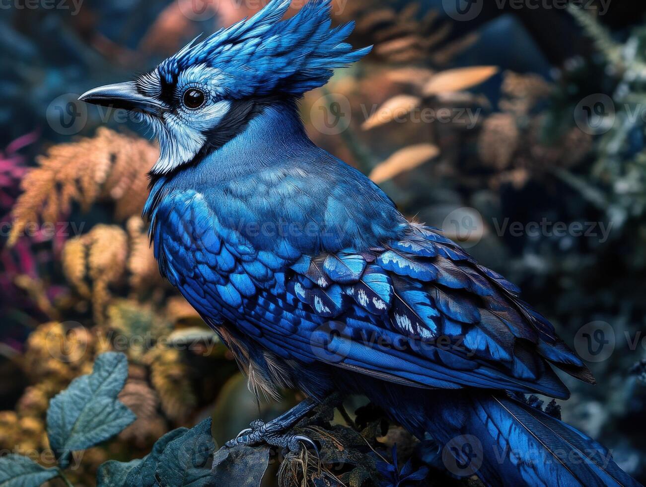 Vibrant blue bird perched among colorful foliage in a natural setting photo