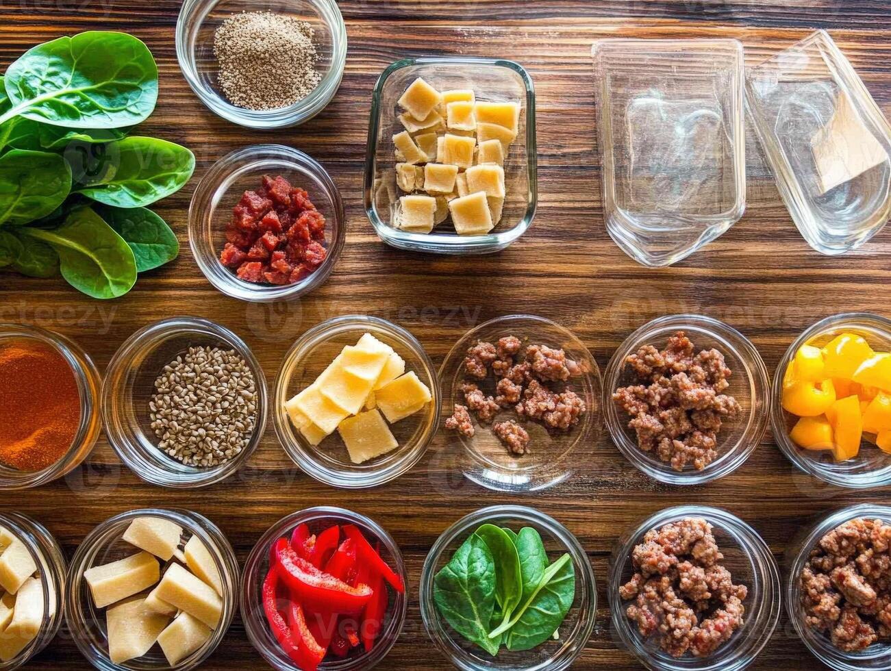 Colorful ingredients arranged neatly for meal preparation on a wooden table photo