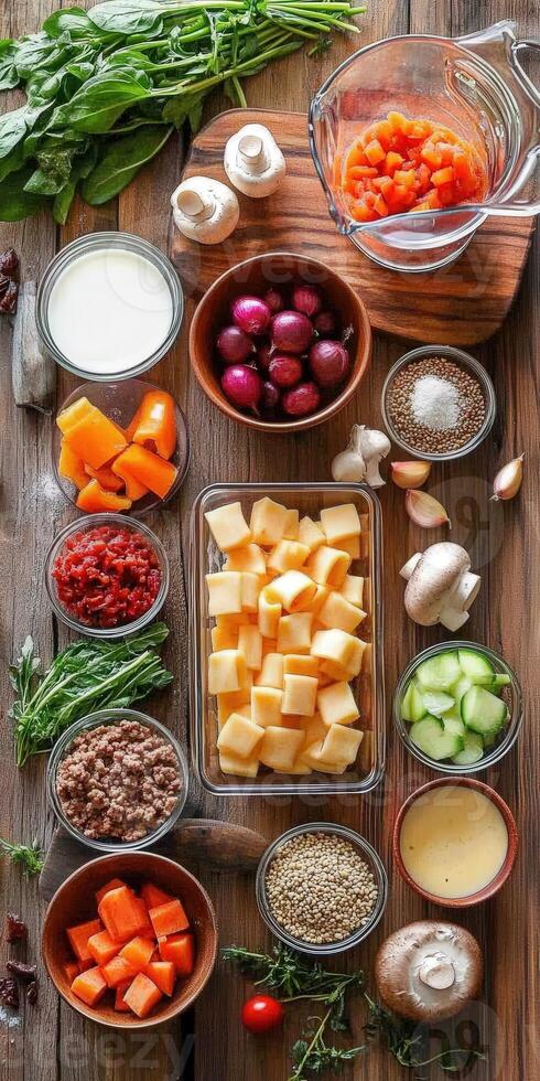 Fresh ingredients arranged for a vibrant vegetable soup preparation photo