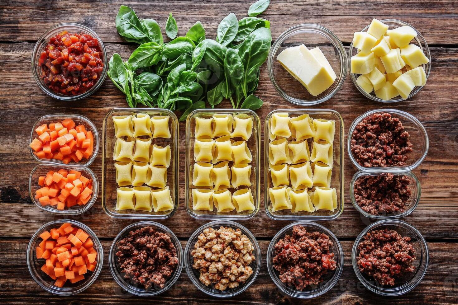 Colorful ingredients prepared for a hearty meal on a wooden surface photo