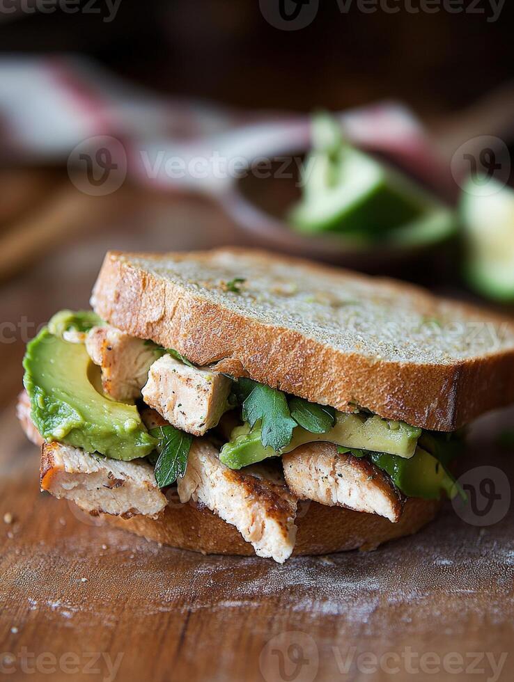 Delicious chicken and avocado sandwich served on whole grain bread photo