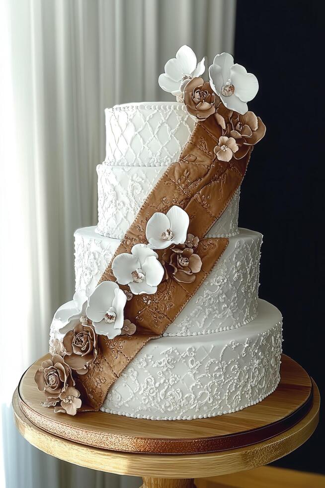 Elegant three-tier wedding cake with floral decor and satin ribbon photo