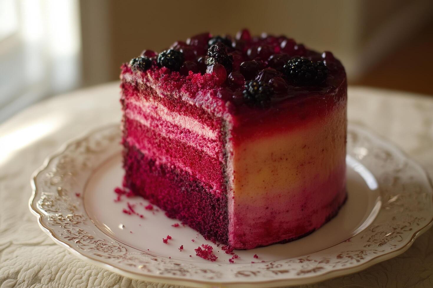 Colorful layered cake with fresh berries served on a white plate photo