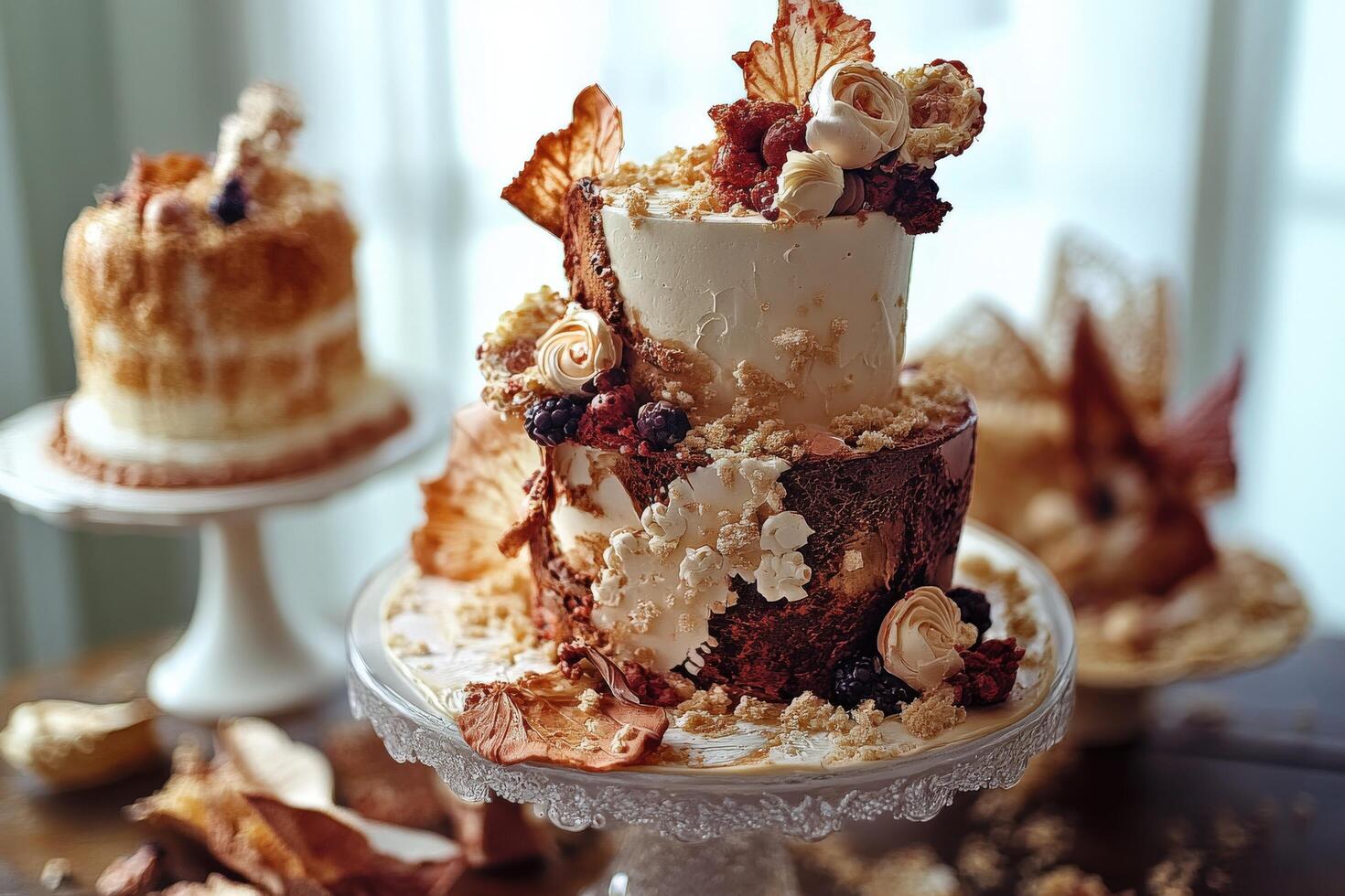 Stunning dessert display features elaborate cake creations in a cozy setting photo