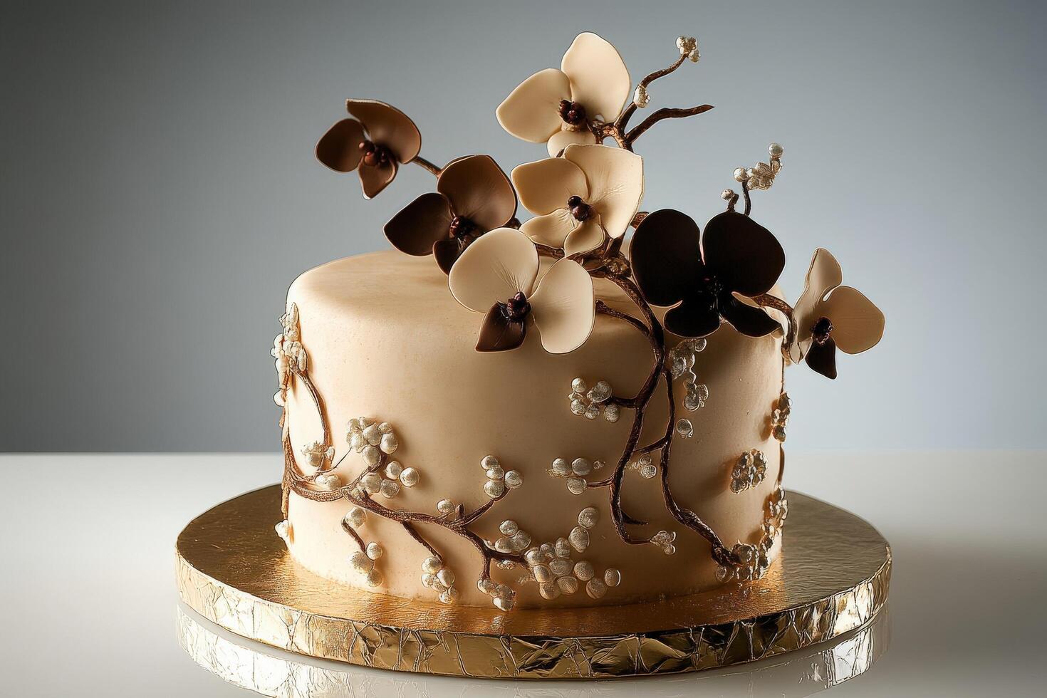 Elegant cake adorned with chocolate orchids for celebration photo