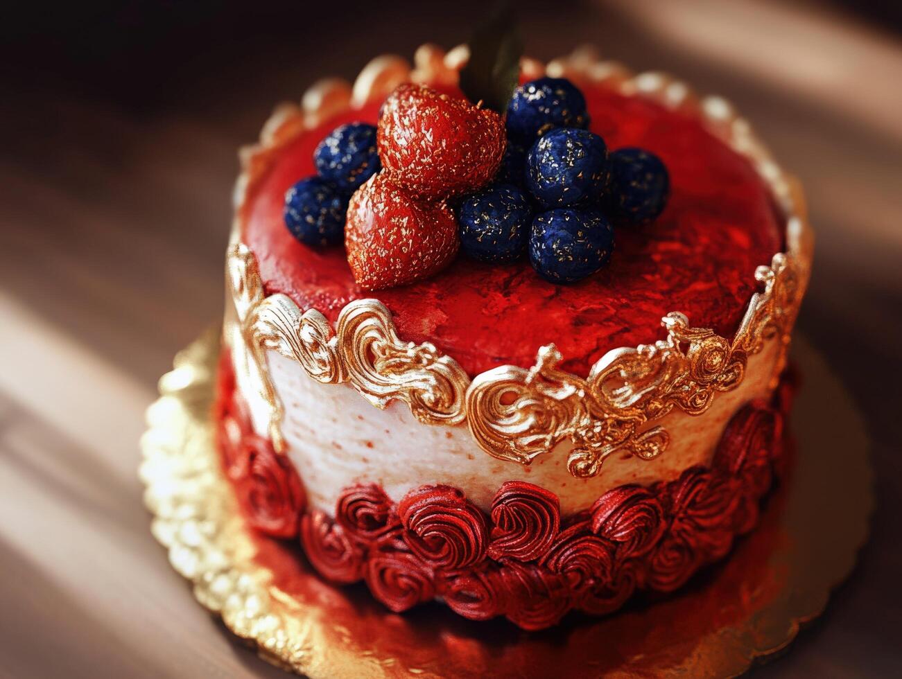 Exquisite red and gold cake topped with berries shines in soft light photo