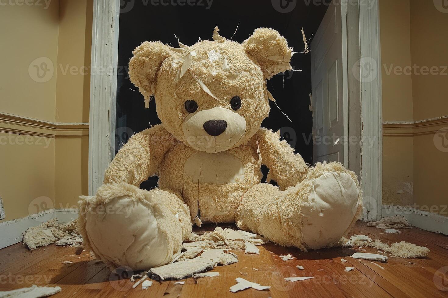Large teddy bear sits in a messy room with torn fabric scattered around photo
