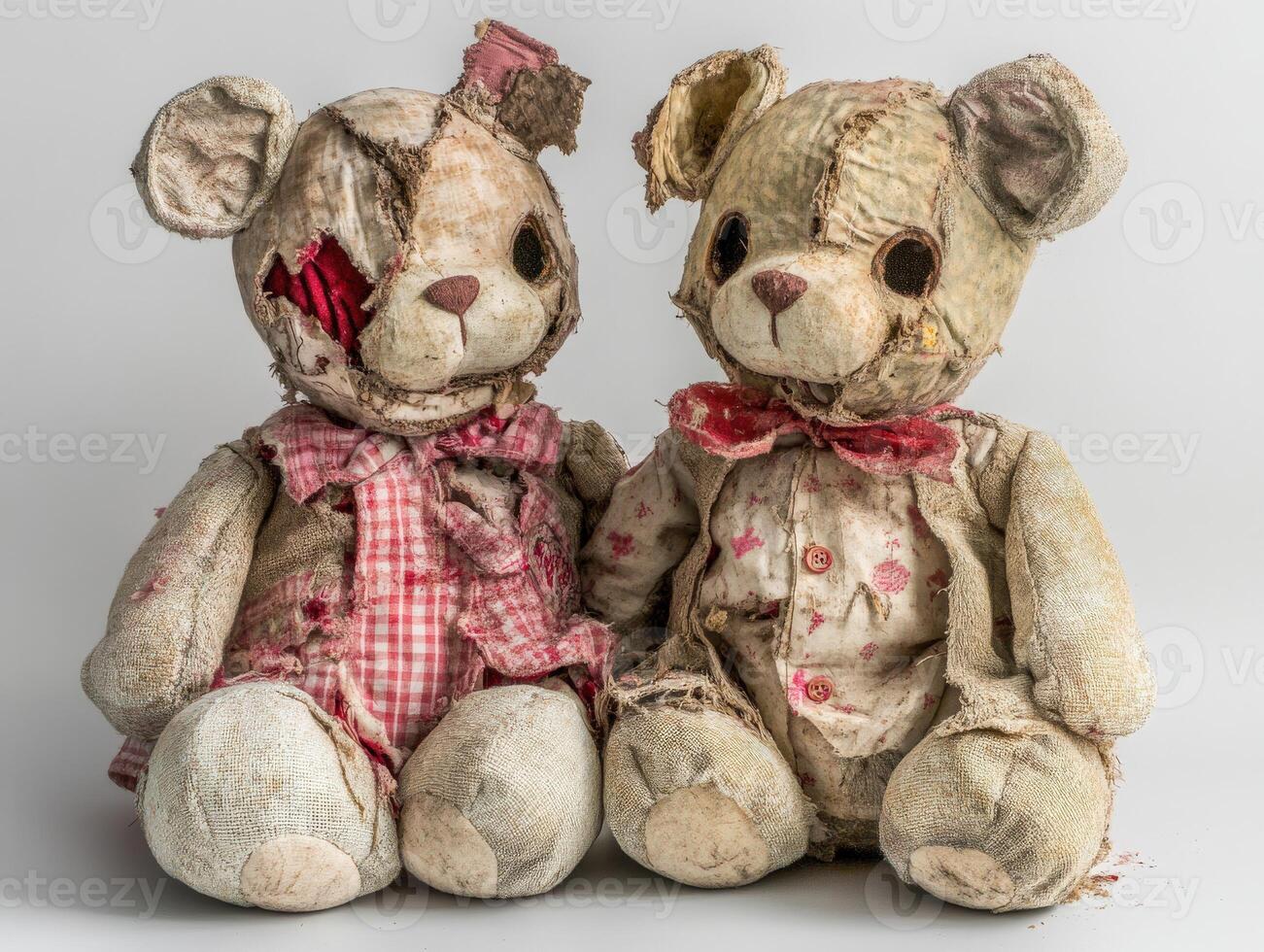 Vintage teddy bears with worn fabric and unique patches on display photo