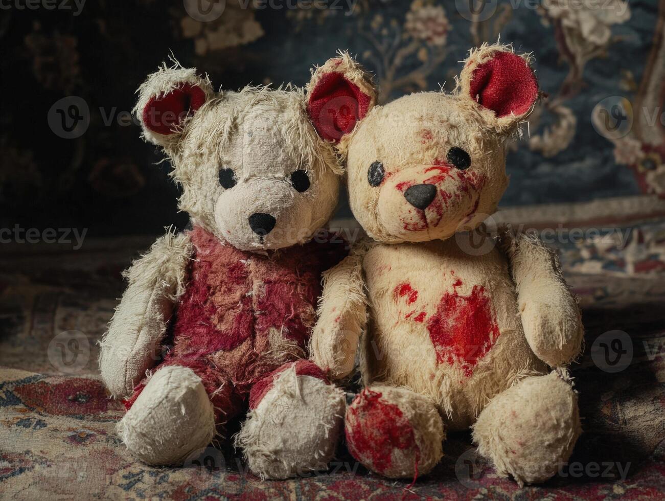 Old teddy bears with frayed fur and unique features on vintage carpet photo