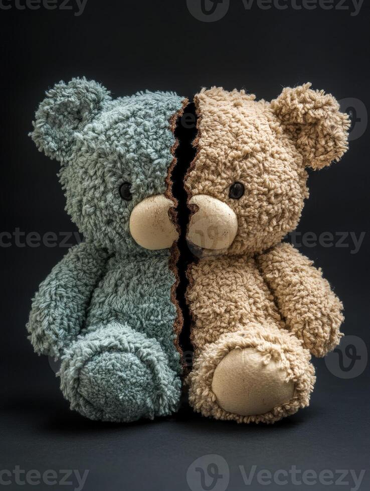 Soft teddy bears with contrasting colors are split down the middle photo