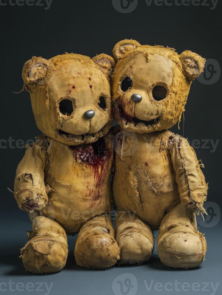 Old, worn teddy bears with haunting features captured in artistic display photo