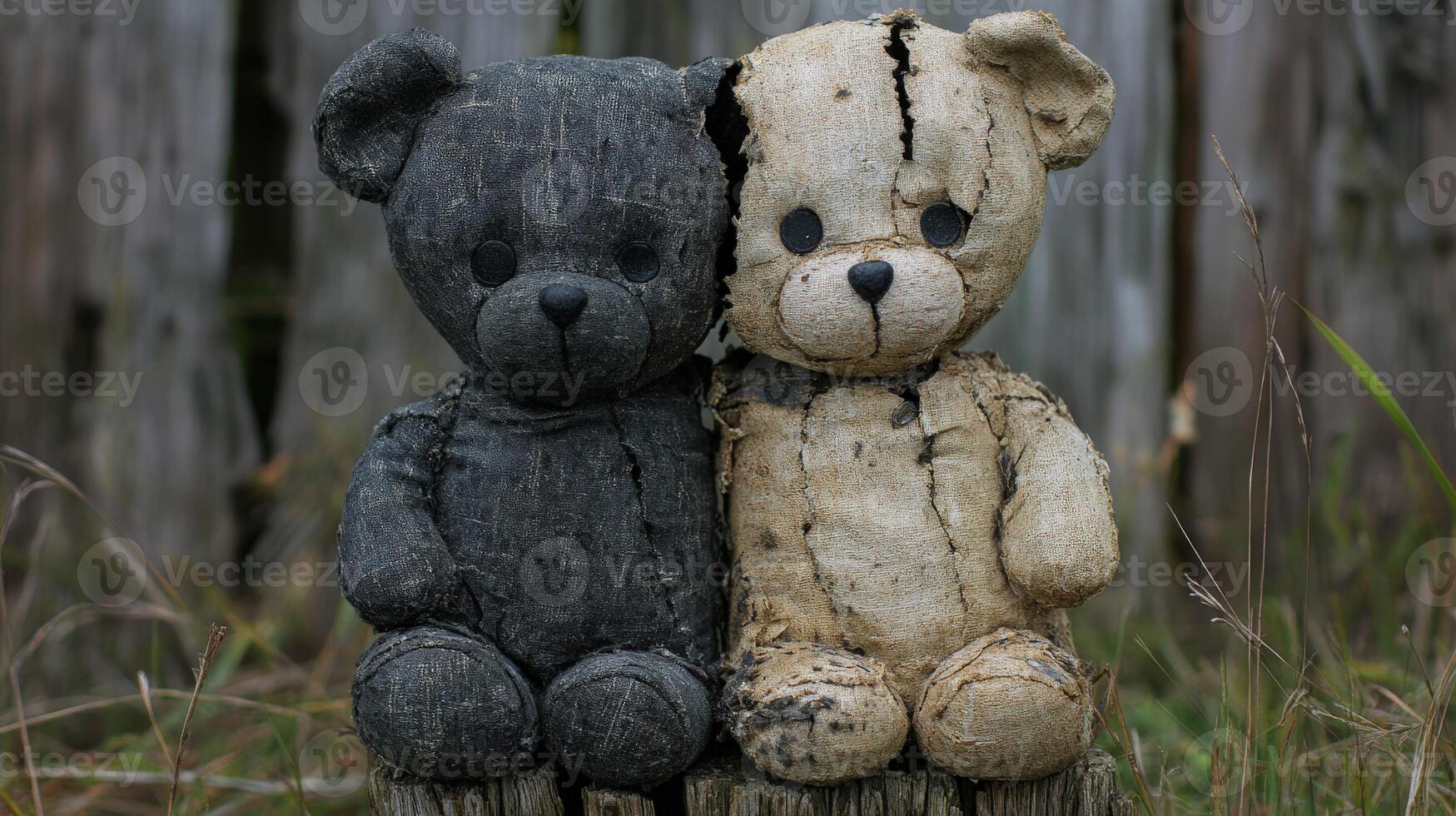 Two vintage teddy bears sitting together in a rustic outdoor setting photo