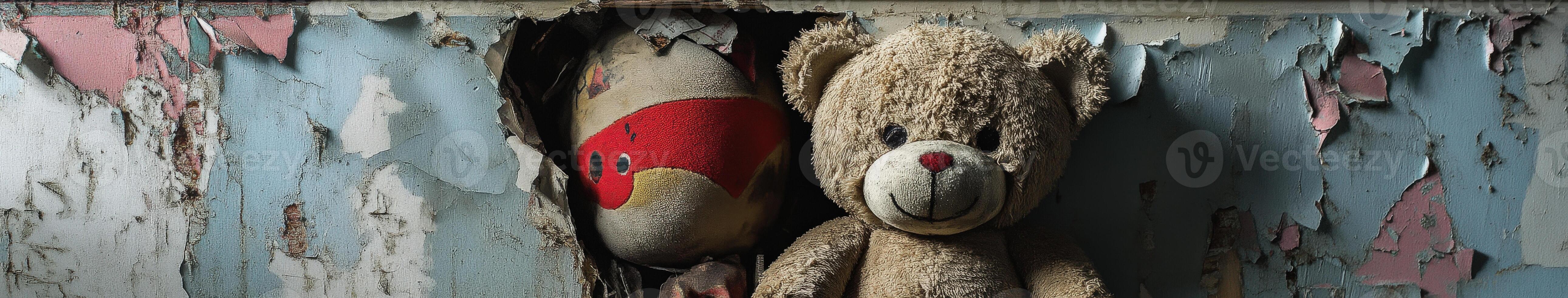 Forgotten toys behind peeling walls in an abandoned space photo